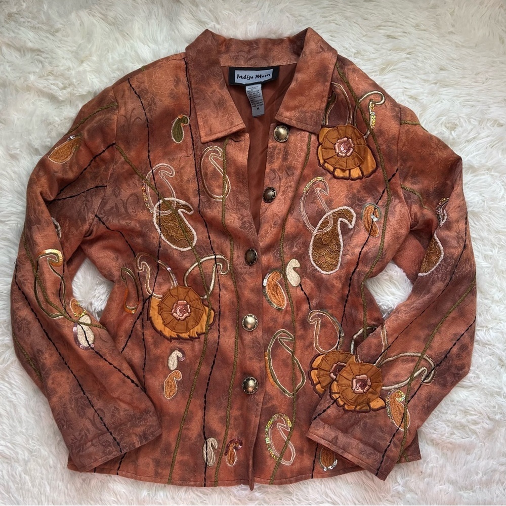 Indigo Blue Burnt Orange Embroidered Floral Button Up Shacket